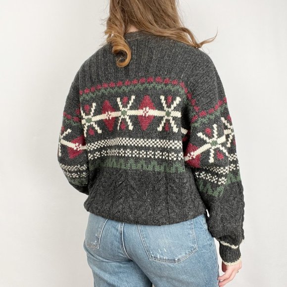 Vintage Fair Isle Cable Knit Oversized Sweater Christmas Cozy Wool Scandinavian - Picture 3 of 6